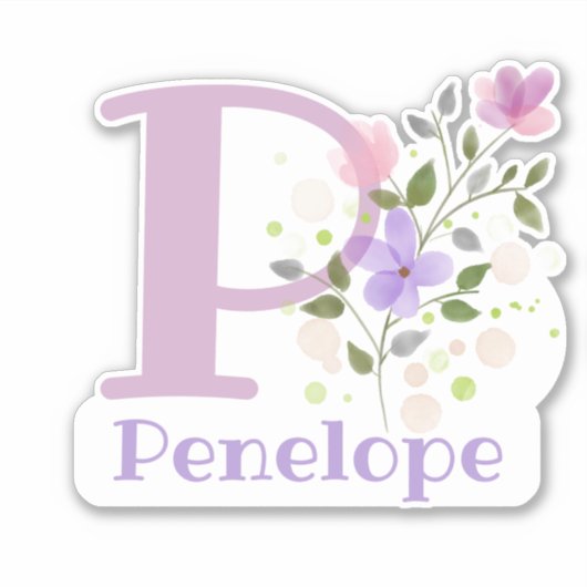 Sticker Nom Penelope plus initiale avec motif floral (Devant)
