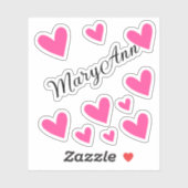 Sticker Nom personnalisé Fille rose Calligraphie Coeurs (Feuille)