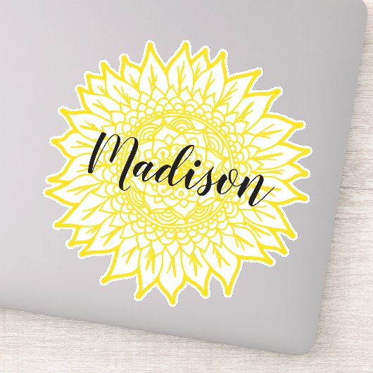 Sticker Nom personnalisé Fleur de tournesol jaune Mandala (Détail)