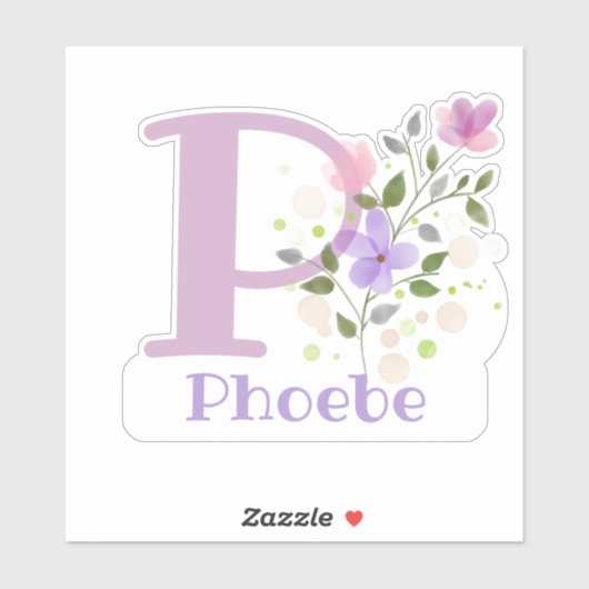 Sticker Nom Phoebe & Initial avec design floral (Feuille)