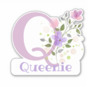 Sticker Nom Queenie & Initiale avec Design Floral (Devant)