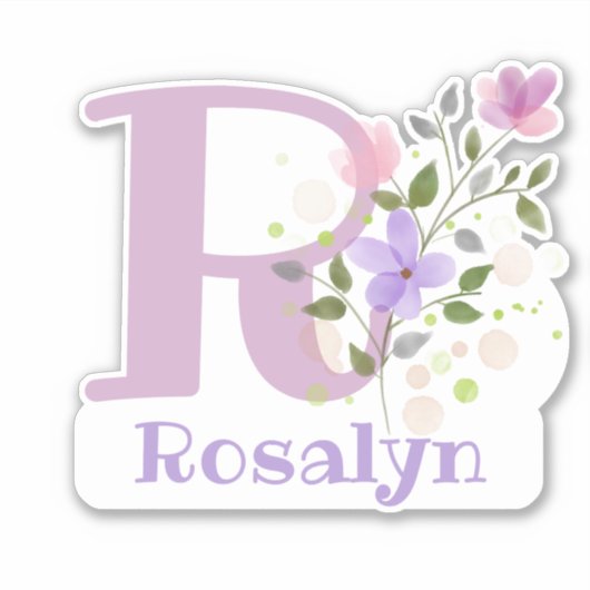Sticker Nom Rosalyn plus initiale avec motif floral (Devant)
