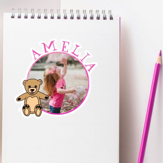 Sticker Nom rose de l'ours en peluche mignon et fille phot