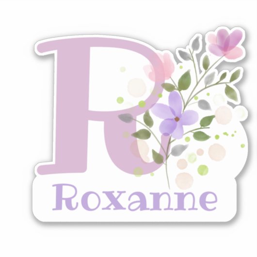 Sticker Nom Roxanne & Initial avec design floral (Devant)