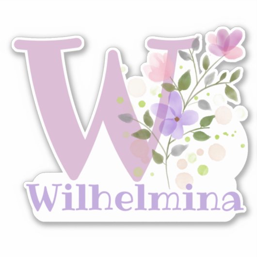 Sticker Nom Wilhelmina & Initial avec design floral (Devant)