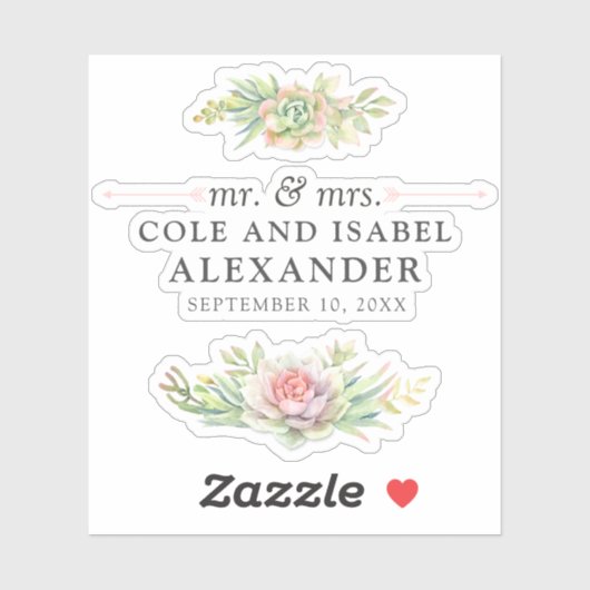 Sticker Noms de succulentes aquarelles rustiques & Date du (Feuille)