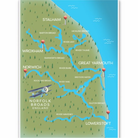 Sticker Norfolk Broads Angleterre Map. (Devant)