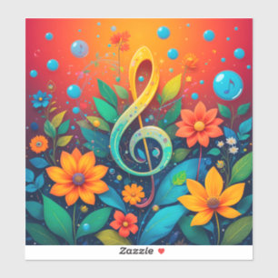 Sticker Note Musicale Artistique Entourée De Fleurs Coloré