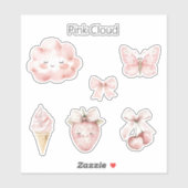 Sticker Nuage Rose Heureux Cils Papillon Fraise (Feuille)