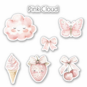 Sticker Nuage Rose Heureux Cils Papillon Fraise
