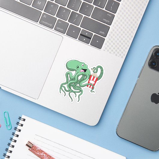 Sticker Octopus avec Popcorn (Ordinateur portable avec iPhone)
