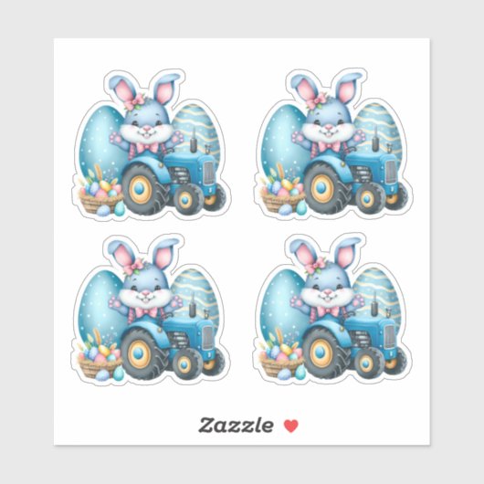 Sticker OEufs de tracteur de lapin bleu de Pâques (Feuille)