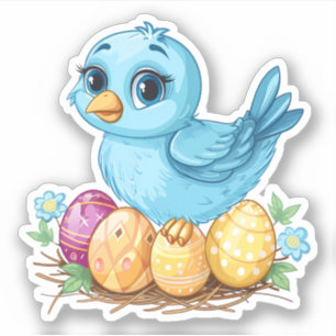 Sticker Oiseau bleu sur un nid avec oeufs de Pâques