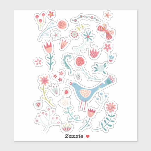 Sticker Oiseau de printemps avec fleurs (Feuille)