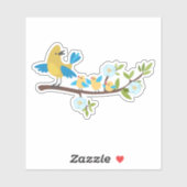 Sticker Oiseau jaune avec poussins sur une branche fleurie (Feuille)