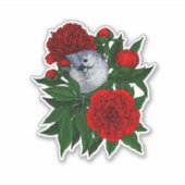 Sticker Oiseau sur un bouquet de pivoine rouge (Devant)
