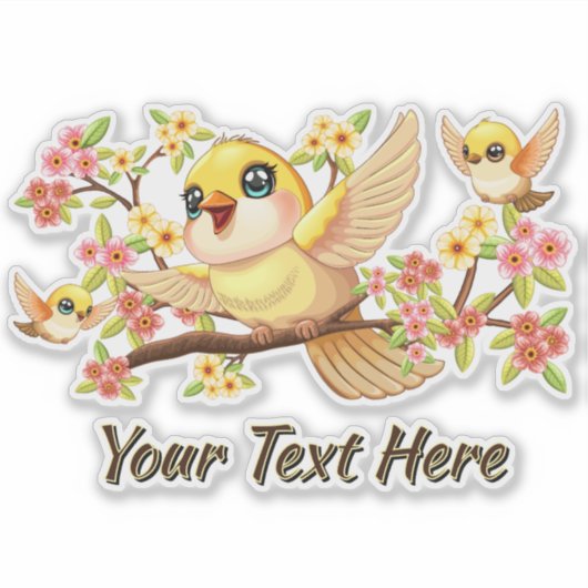 Sticker Oiseaux mignons et heureux parmi les fleurs du pri (Devant)