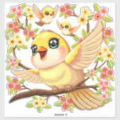 Sticker Oiseaux mignons et heureux parmi les fleurs du pri (Feuille)