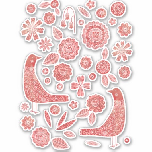 Sticker Oiseaux nordiques et fleurs Rouge et blanc (Devant)