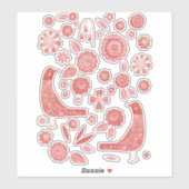 Sticker Oiseaux nordiques et fleurs Rouge et blanc (Feuille)