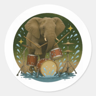 Sticker: Olifant speelt drums in een waterbad Ronde Sticker