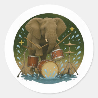 Sticker: Olifant speelt drums in een waterbad Ronde Sticker