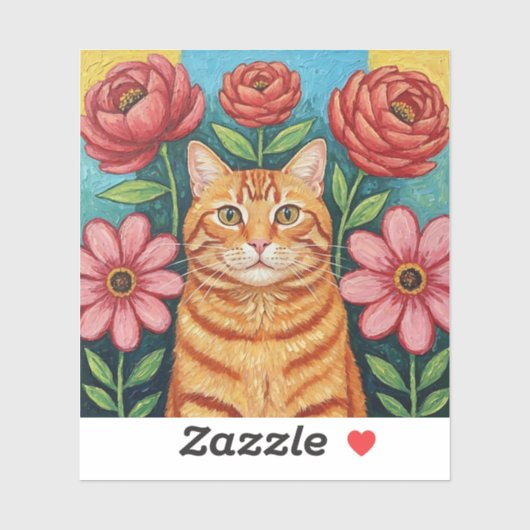 Sticker Orange Cat Folk Art Flowers (Feuille)