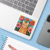 Sticker Orange Cat Folk Art Flowers (Ordinateur portable avec iPhone)