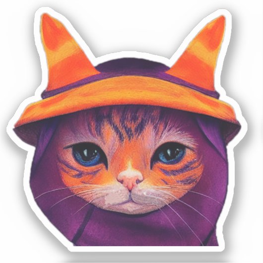Sticker Orange Chat Violet Sorcière Casquette Imaginaire H (Recto)