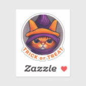 Sticker Orange Chat Violet Sorcière Casquette Treat Hallow (Feuille)