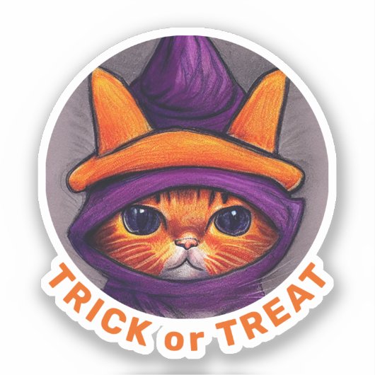 Sticker Orange Chat Violet Sorcière Casquette Treat Hallow (Recto)