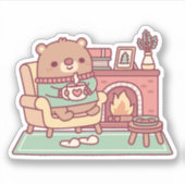 Sticker Ours Brun Mignon Et Cheminée Confortable (Devant)