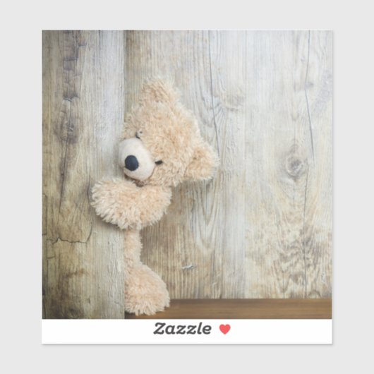 Sticker Ours Cute Stuffé Mur Rustique En Bois (Feuille)