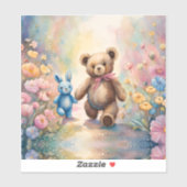 Sticker Ours en peluche et lapin dans un jardin pastel (Feuille)