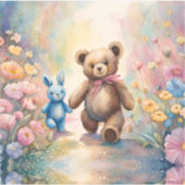 Sticker Ours en peluche et lapin dans un jardin pastel (Devant)