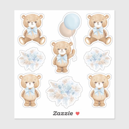Sticker Ours en peluche mignon Boho avec ballon bleu paste (Feuille)
