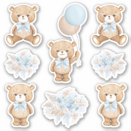 Sticker Ours en peluche mignon Boho avec ballon bleu paste (Devant)