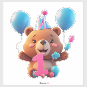 Sticker Ours mignon d'anniversaire avec chapeau de fête et