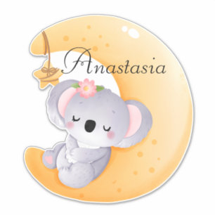 Sticker Ours mignon dormant sur la lune avec le nom de l'e