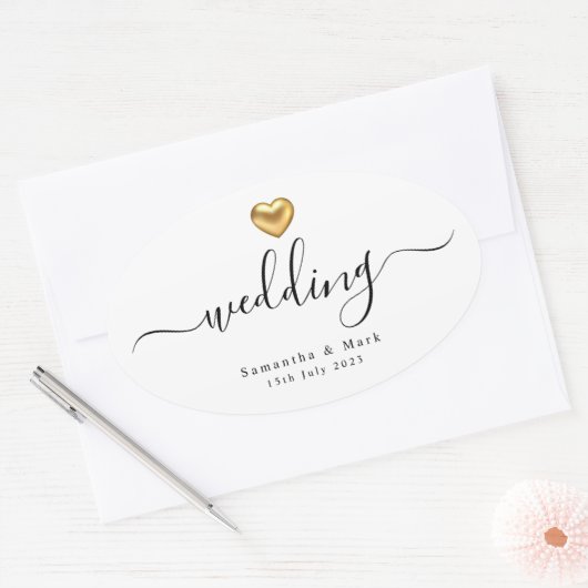 Sticker Oval Mariage simple et moderne Gold Heart (Enveloppe)