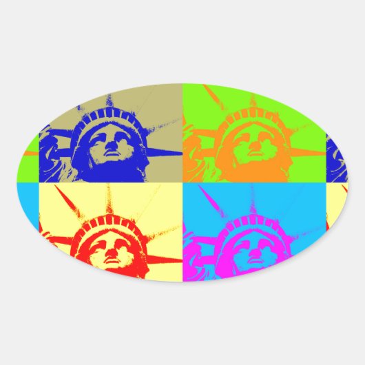 Sticker Ovale 4 Couleur Pop Art Lady Liberty (Devant)