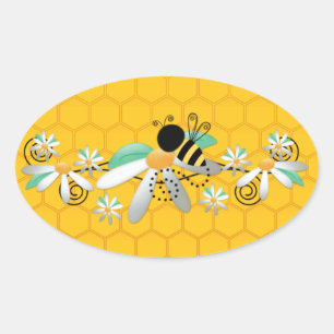 Sticker Ovale Abeilles à miel et marguerites