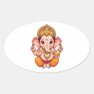 Sticker Ovale Adorable Ganpatio Bappa - Chibi Style Ganesha avec