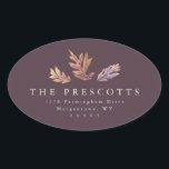 Sticker Ovale Adresse de retour des feuilles d'automne<br><div class="desc">Créée pour coordonner avec les collections de Lea Delaveris Design's Give Thanks et Fall Rehearsal Dinner, cette étiquette d'adresse de retour et le sceau d'enveloppe présente des feuilles festifs et colorés en chute ainsi qu'une typographie simple et classique. L'arrière - plan est une couleur de prune foncée et foncée et...</div>