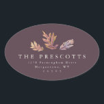 Sticker Ovale Adresse de retour des feuilles d'automne<br><div class="desc">Créée pour coordonner avec les collections de Lea Delaveris Design's Give Thanks et Fall Rehearsal Dinner, cette étiquette d'adresse de retour et le sceau d'enveloppe présente des feuilles festifs et colorés en chute ainsi qu'une typographie simple et classique. L'arrière - plan est une couleur de prune foncée et foncée et...</div>