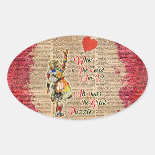 Sticker Ovale Alice, Haine Et Lapin Vintage Citation Collage