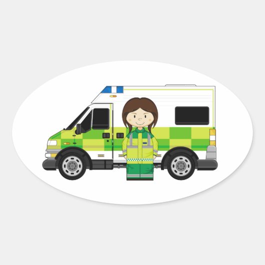 Sticker Ovale Ambulance de dessin et EMT (Devant)