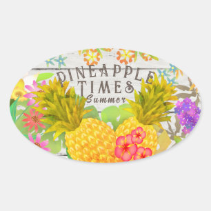 Sticker Ovale Ananas à fleurs