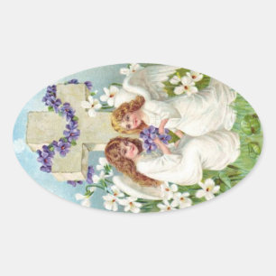 Sticker Ovale Anges Mignons Avec Croix Et Fleurs