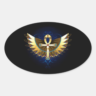 Sticker Ovale Ankh or avec ailes